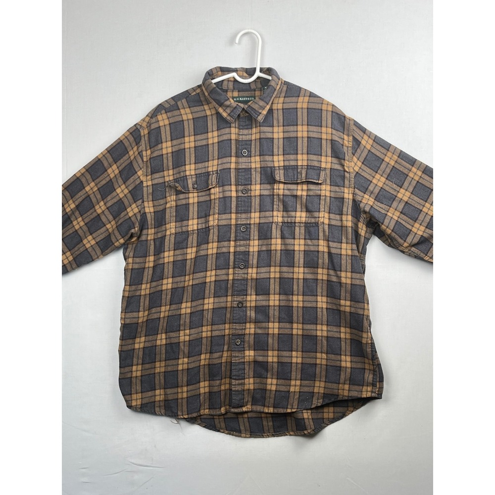 GH Bass & Co Mens Plaid Button Down Shirt XL Flannel Style Brown Grey 1733